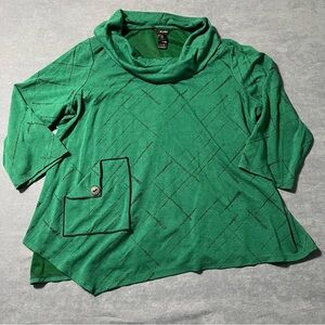 Ali Miles Blouse Women 2XL Green Cowl Neck Tunic Pocket Asymmetrical Lagenlook